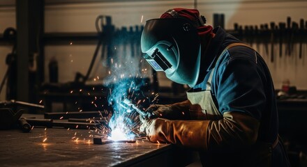 A skilled welder in action, meticulously crafting metal with sparks flying. Precision, craftsmanship, and safety are paramount in this industrial scene