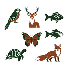 Nature Wildlife Animal Silhouettes Bird, Deer, Fish, Butterfly, Turtle, Fox