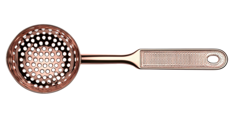A close-up image of a copper-colored slotted bar spoon for cocktail mixing and straining