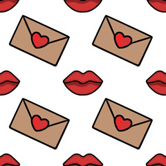 A charming vector pattern featuring stylized red lips and brown envelopes adorned with red hearts, perfect for Valentine's Day or romantic themes.