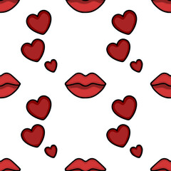 Seamless vector pattern of red lips and hearts with bold black outlines on a white background, perfect for Valentine's Day themes.