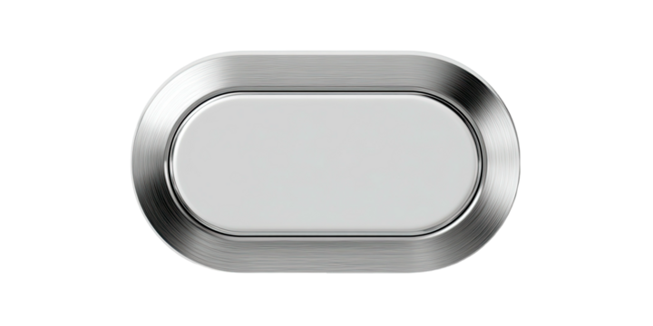 A polished metallic oval with a recessed white center, set against a black background