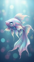 An ethereal underwater portrait of an iridescent fish, gracefully swimming in a tranquil blue realm, surrounded by soft shimmering bokeh lights
