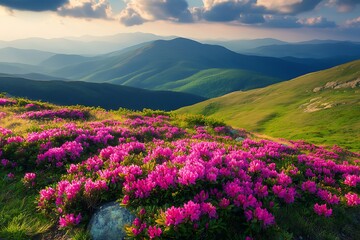 Obraz premium Rhododendron Blooms on Rolling Hills, Mountain Landscape Under a Cloudy Sky at Sunset