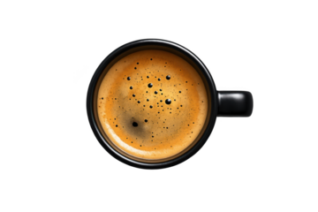 Top down view of black coffee with crema in a black mug