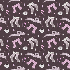 Seamless pattern with winter clothes and accessories. Socks, scarf. Vector illustration