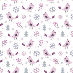 Seamless pattern with a bird, snowflake, and a branch with berries. Vector illustration