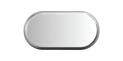 A sleek, rounded rectangular button with a reflective silver finish and a contrasting black background