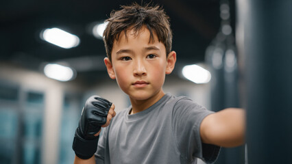 young boy practicing MMA boxing punch on heavy bag at gym