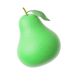 Textured Green Pear with Stem and Leaf on White Background fruit