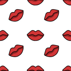 Seamless vector pattern of stylized red lips with black outlines, creating a playful and romantic background.
