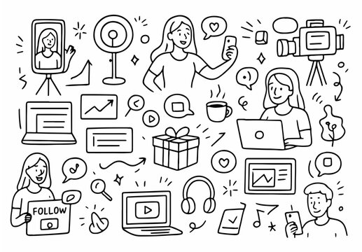 Hand-drawn Doodle Style Vector Set of Creator and Influencer Life Elements, Black Outline Sketch Illustrations, Ideal for Both Digital and Print Use
