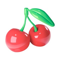 Two Shiny Red Cherries with Green Stems and Leaf fruit