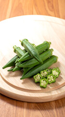 Green Okra Pods and Cross-Sections