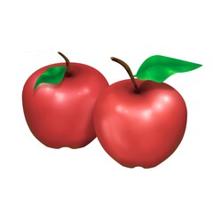 Two Red Apples with Green Leaves and Stems on White Background fruit fresh