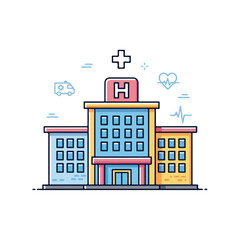 Obraz premium Colorful Flat Hospital Building with Medical Symbols Illustration