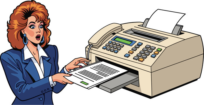 Businesswoman shocked by fax machine output.