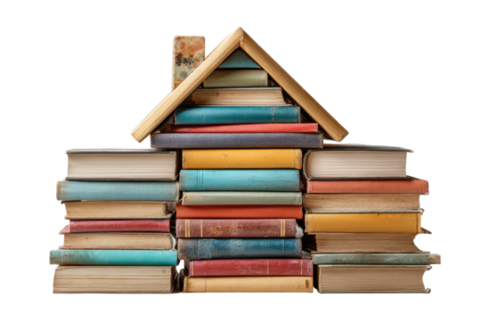 Stacked books form a house, representing knowledge and reading, isolated against a solid black background