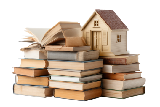 Stack of old books beside a miniature house, symbolizing knowledge and home