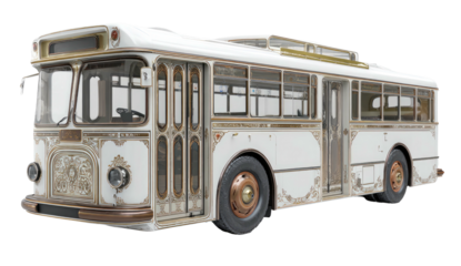 Ornate white antique trolley with elegant gold detailing, classic transportation design