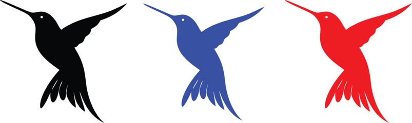 Obraz premium Three Hummingbird Silhouettes in Black Blue and Red