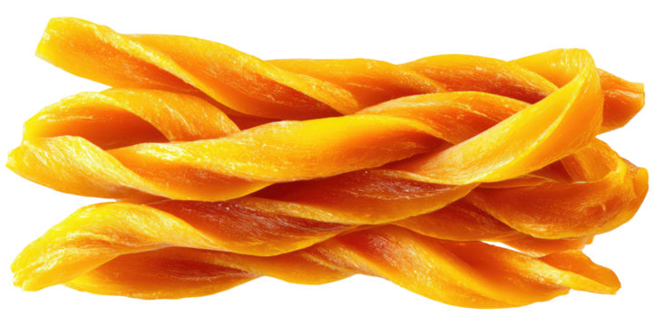 A stack of intertwined, golden-yellow food items. They appear twisted into a pleasing arrangement