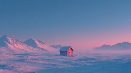 Isolated red cabin in a vast snowy landscape, surrounded by majestic mountains under a soft pastel sky, evoking a sense of tranquility and solitude in nature's beauty