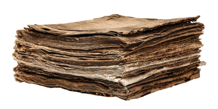 A stack of aged paper with torn and weathered edges, suggesting ancient documents or manuscripts