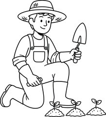 Happy Gardener Planting Seedlings - Line Art Illustration