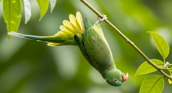Green parrot hanging upside down on a branch with yellow tail feathers bird nature