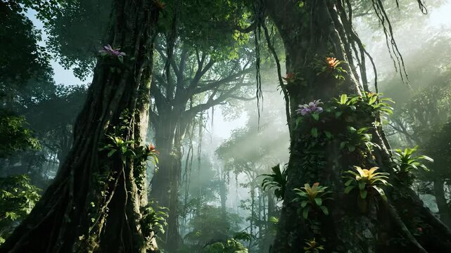 Jungle and forest with ancient tree. Large leaf and colorful flower among mist and sunlight. Exposed root and green moss within dense undergrowth. Canopy, bark, vine and fern cover dense ground.