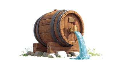 Wooden barrel pouring water on a stone base with grass, isolated on a black background