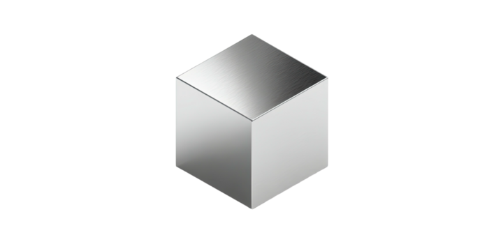 A three-dimensional cube rendered with a metallic gradient, isolated on a stark black background