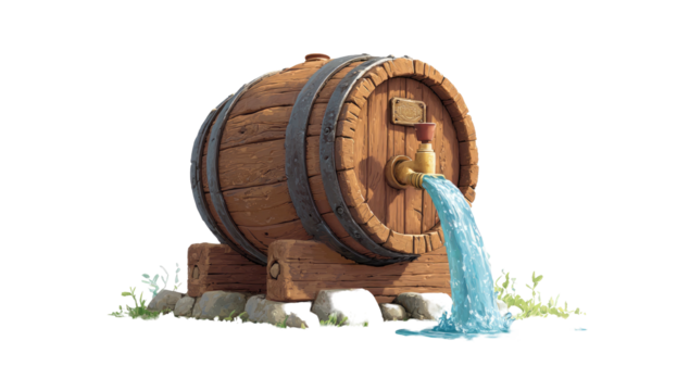 Wooden barrel pouring water on a stone base with grass, isolated on a black background