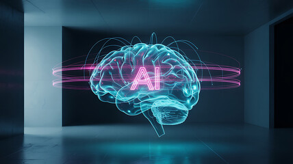 Futuristic glowing ai brain hologram with interconnected digital network and abstract light effects