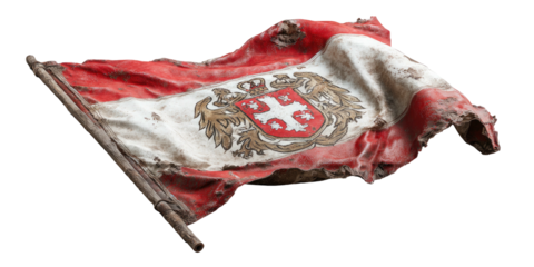 A weathered flag, red and white with a coat of arms, waves against a black background