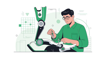 Engineer meticulously working on a cutting-edge prosthetic limb with precision tools and designs