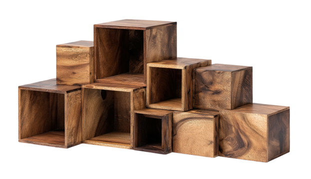 Wooden cubical shelves arranged in a staircase configuration, with visible wood grain