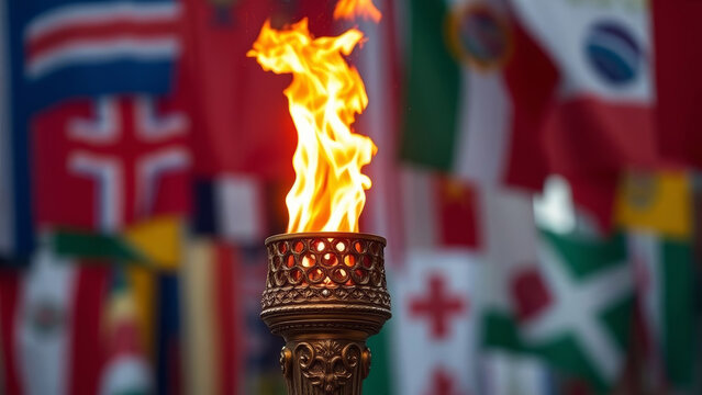 Olympic torch holding the flame against blurred international flags, representing world unity, spirit of competition, and peace