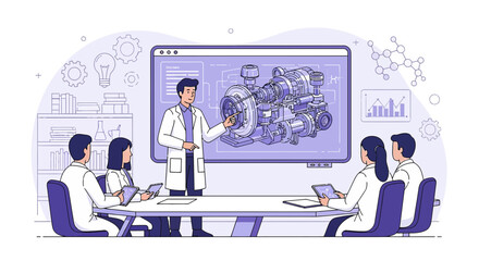 Engineering innovation presentation shows mechanical parts with team interaction and analysis