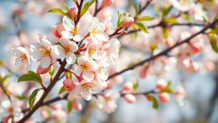 Obraz premium Cherry blossoms on a branch, illuminated by spring sunlight. Petals revealing the vibrant awakening of nature