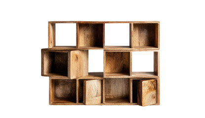 Wooden cubbyhole shelving unit with various sized compartments against a stark black backdrop