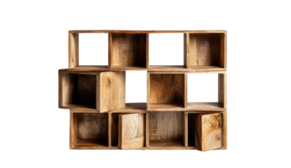 Wooden cubbyhole shelving unit with various sized compartments against a stark black backdrop