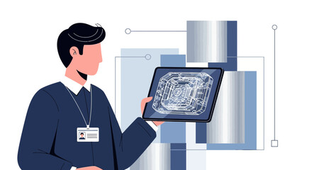Examining detailed schematics on a tablet in the field of technology design and innovation