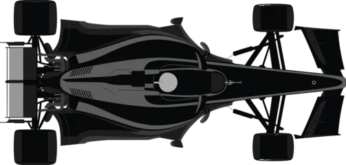 Selbstklebende Fototapeten F1 Top-down silhouette of Formula 1 race car with driver, black vector illustration for motorsport, speed, engineering, and racing concept  © Afsana Creatives