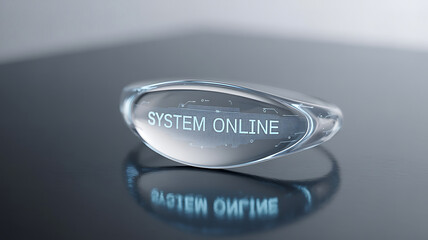 Close up of a futuristic digital ring with glowing blue text reflecting on a dark surface