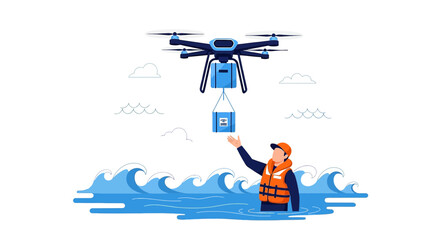 Futuristic aid delivery system with drone and man in water for emergency situations