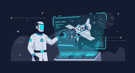 Futuristic astronaut interacting with a digital twin of a space satellite and modern space
