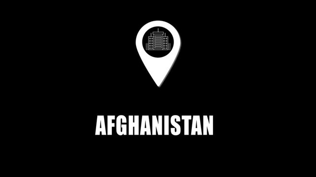  Location pin icon with city skyline and Afghanistan text on black background. GPS location tracking icon.