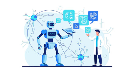 Futuristic collaboration between scientist and advanced robot symbolizing technological advancement